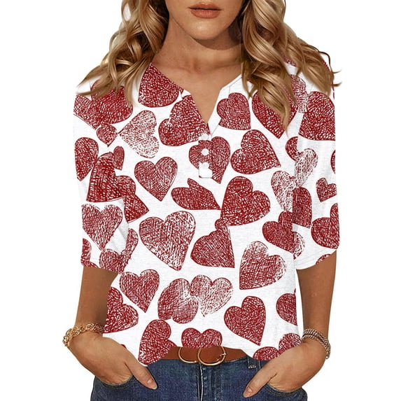 Valentines Day Shirts Womens Holiday Button V Neck T-Shirts Funny Love Heart Printed Tunic Tops Casual 3/4 Sleeve Blouses Loose Three Quarter Length Pullover Hot Pink M