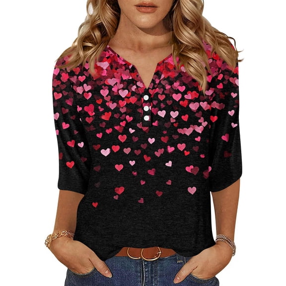 Valentines Day Shirts Womens Holiday Button V Neck T-Shirts Funny Valentine Love Printed Tunic Tops Casual 3/4 Sleeve Blouses Loose Three Quarter Length Pullover Black XL