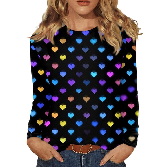 Valentines Day Shirts Womens Loose Long Sleeve Tunic Tops Cute Love Heart Printed T-Shirts Holiday Crew Neck Pullover Casual Blouses Blue S