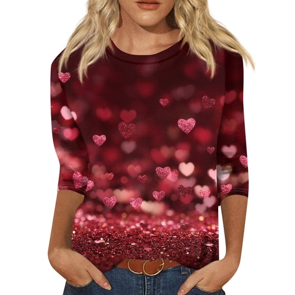 Valentines Day Shirts Womens Plus Size Casual 3/4 Sleeve Tunic Tops Cute Love Heart Printed T-Shirts Loose Crew Neck Pullover Holiday Three Quarter Length Blouses Red XL