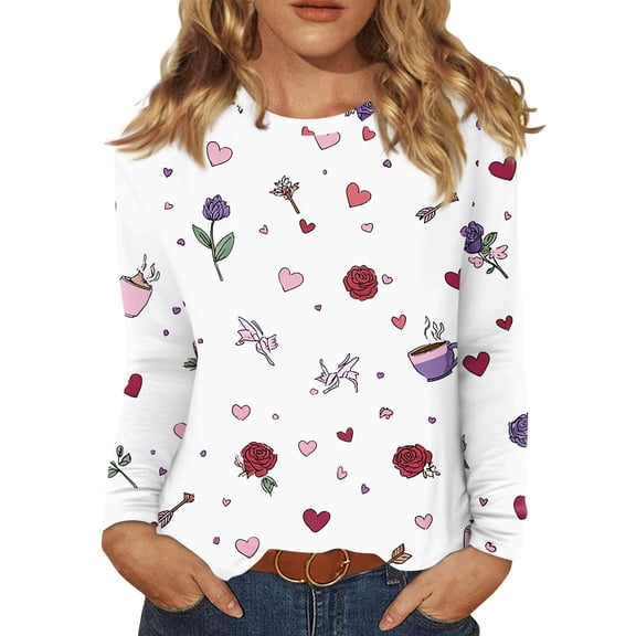 Valentines Day Shirts Womens Plus Size Casual Long Sleeve Tunic Tops Funny Love Heart Printed T-Shirts Holiday Crew Neck Pullover Loose Blouses White S