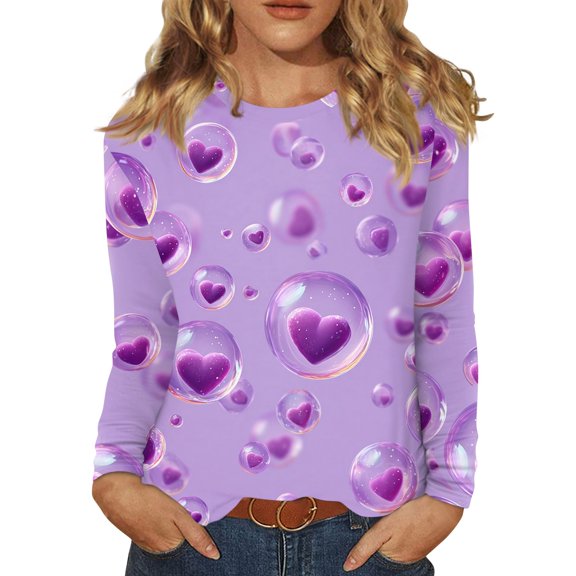 Valentines Day Shirts Womens Plus Size Casual Long Sleeve Tunic Tops Funny Valentine Love Printed T-Shirts Loose Crew Neck Pullover Holiday Blouses Light Purple L