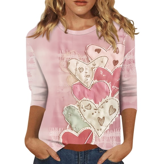 Valentines Day Shirts Womens Plus Size Holiday 3/4 Sleeve Tunic Tops Cute Valentine Love Printed T-Shirts Loose Crew Neck Pullover Casual Three Quarter Length Blouses Light pink XL