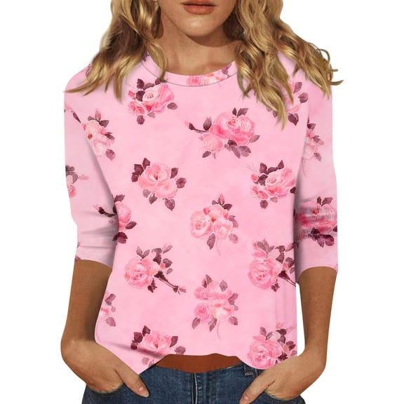 Valentines Day Shirts Womens Plus Size Loose 3/4 Sleeve Tunic Tops Funny Love Hearts Graphic T-Shirts Holiday Round Neck Pullover Casual Three Quarter Length Blouses Hot Pink M
