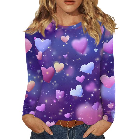 Valentines Day Shirts Womens Plus Size Loose Long Sleeve T-Shirts Funny Love Hearts Graphic Tunic Tops Casual Crew Neck Pullover Holiday Blouses Light Purple M