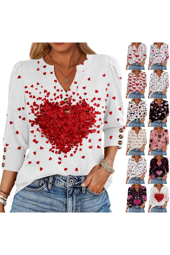 Valentines Day Shirts for Women 3/4 Sleeve V Neck Casual T Shirts Summer Floral Heart Print Graphic Tees White XL