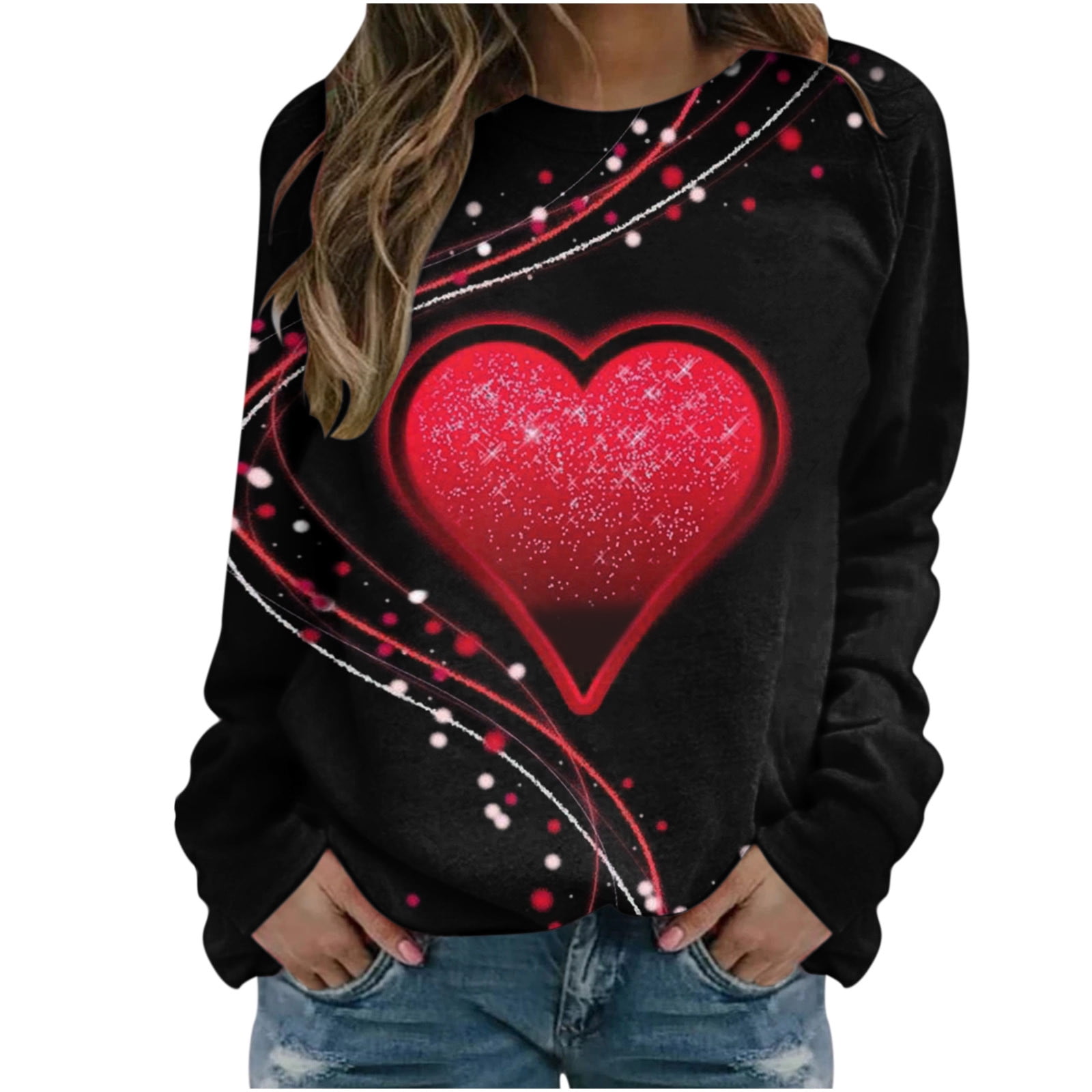 Valentines Day Shirts for Women Cute Love Heart Shiny Print Long Sleeve ...