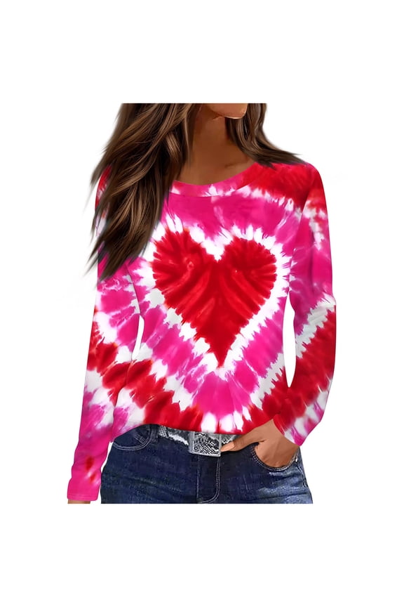 Valentines Day Shirts for Women Plus Size Tie Dye Love Heart Printed Graphic Tee Long Sleeve Crewneck Casual Tops (S, Hot Pink)
