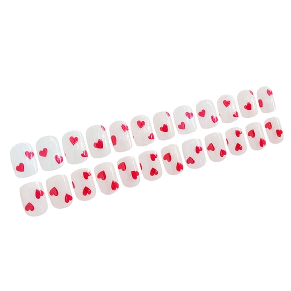 Valentines Day Short Square Styles Acrylic Nails with Heart Designs Glossy Artificial Nails for Women