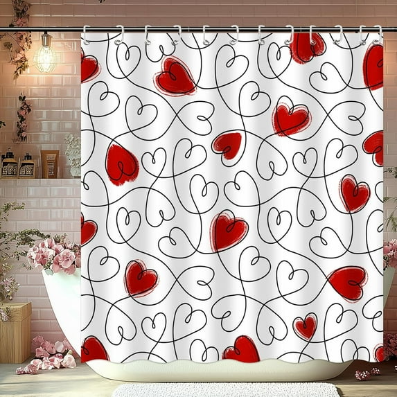 Valentines Day Shower Curtain with 12 Hooks Red Heart Shower Curtain for Valentines Day Decorations, Waterproof Fabric Shower Curtain for Valentines Day Gifts for Her, 72 X 72 Inch (Red, 72x 72)