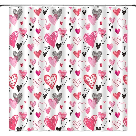 Valentines Day Shower Curtain Cute Hearts Romantic Love Modern Minimalist Watercolor Doodle Bathroom Decor Polyester Curtains with Hooks