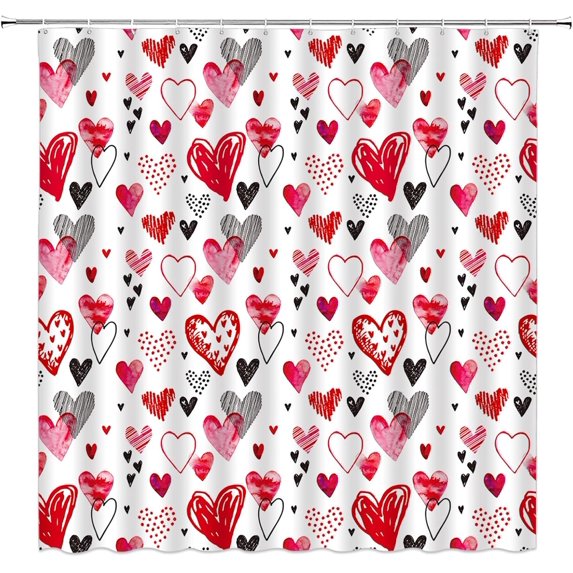 Valentines Day Shower Curtain Cute Hearts Romantic Love Modern Minimalist Watercolor Doodle Bathroom Decor Polyester Curtains with Hooks