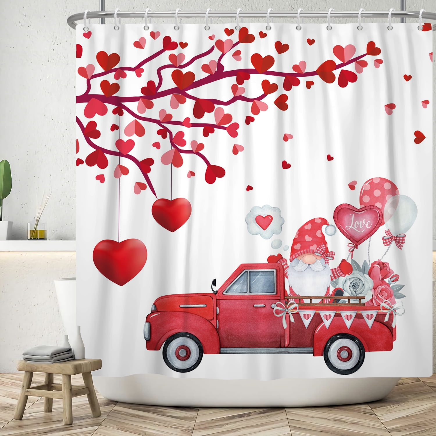 Valentines Day Shower Curtain,Gnome Waterproof Fabric Bathroom Curtain with Hooks,72x72 in