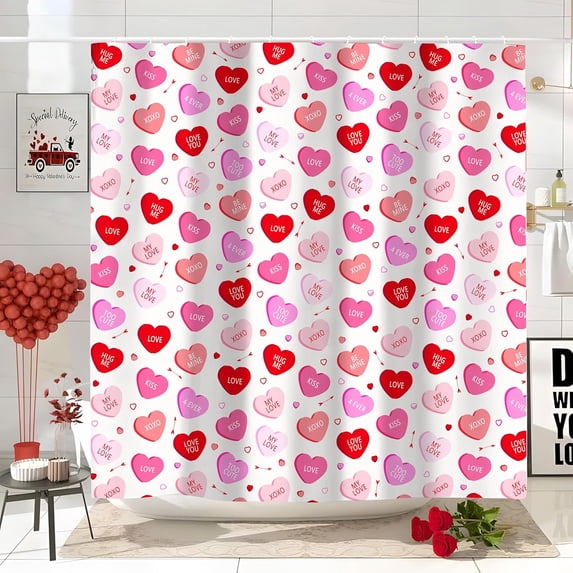Valentines Day Shower Curtain Pink Red Heart Shower Curtains Waterproof Fabric Bath Curtains with 12 Hooks for Valentine''s Day Home Bathroom Decor, 72 x 72 Inches
