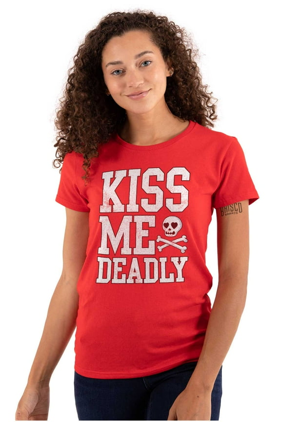 Valentines Day Skull Kiss Me Deadly Womens Fitted Plus Size Graphic Tee Brisco Brands 2X