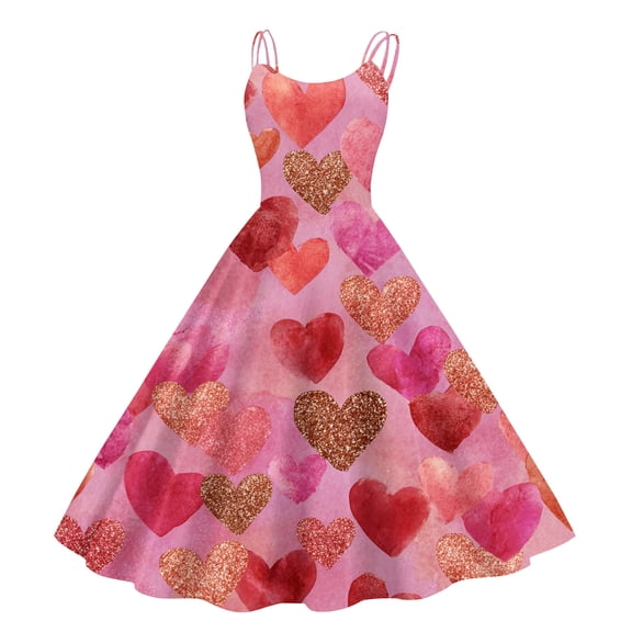 Valentines Day Sleeveless A-line Dress with Heart Print Casual Off-Shoulder Sleeveless Dress Watermelon Red L