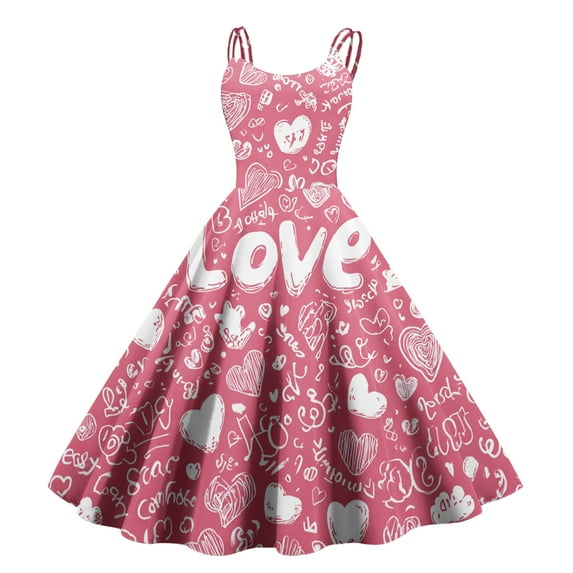 Valentines Day Sleeveless Vintage Dress Heart Print Pattern Casual A-line Midi Summer Dresses Pink 2XL