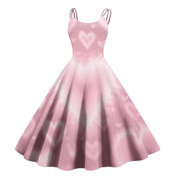 Valentines Day Sleeveless Vintage Fit Dress with Heart Print Pattern Casual A-line Dresses Pink S