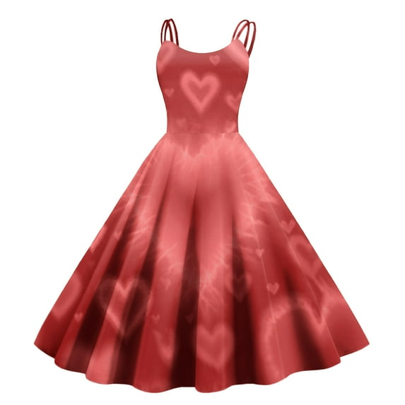 Valentines Day Sleeveless Vintage Fit Dress with Heart Print Pattern Casual A-line Dresses Red S