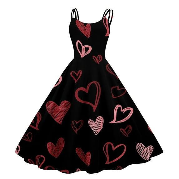 Valentines Day Sleeveless Vintage Fit and Flare Dress with Heart Print Pattern Casual A-line Midi Black L