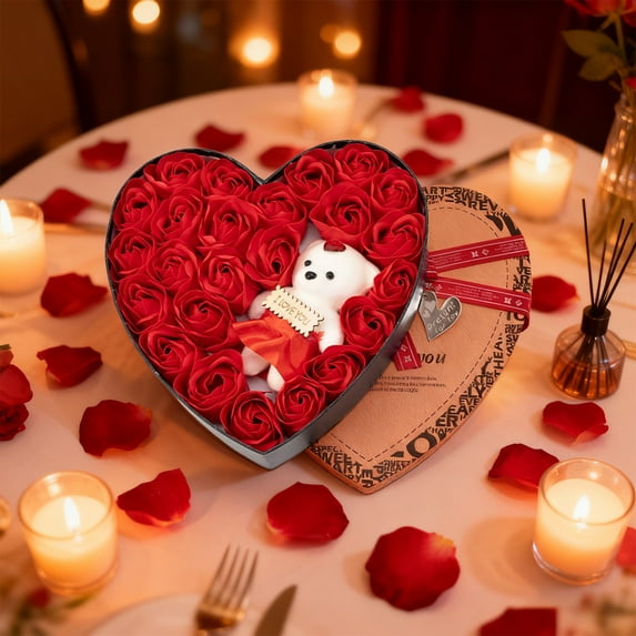 Valentines Day Soap Flower Roses - Artificial Rose Arrangement In Iron Basket, Romantic Ambiance Decorations And Thoughtful Gift for Lovers, Anniversary Or Special Occasions, Red, 1pc