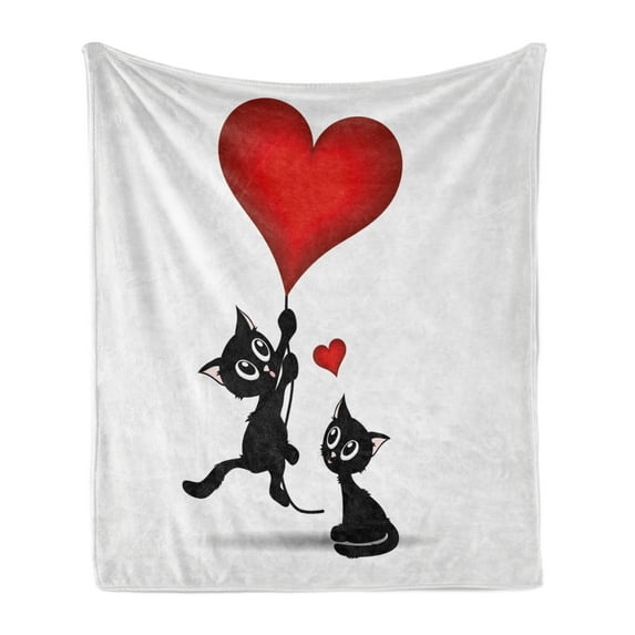 Valentines Day Soft Flannel Fleece Blanket, Baby Cat Holding Heart Shaped Baloons Romantic Love Themed Illustration, Cozy Plush for Indoor and Outdoor Use, 60" x 80", Vermilion Black, by Ambesonne