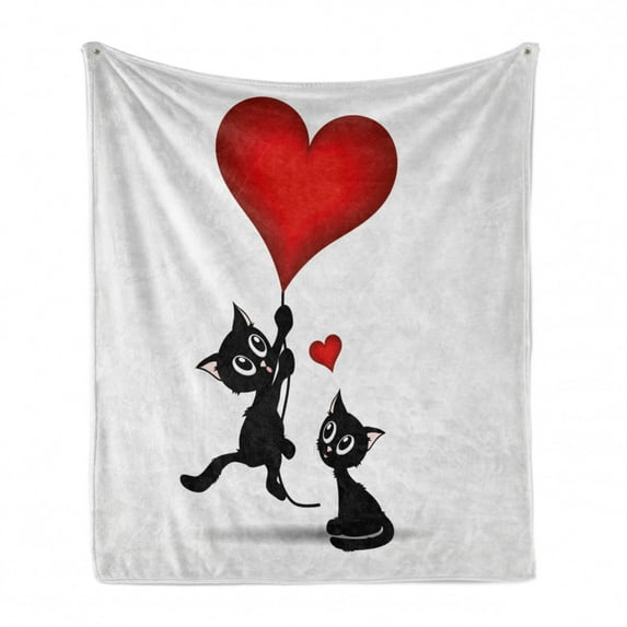 Valentines Day Soft Flannel Fleece Blanket, Baby Cat Holding Heart Shaped Baloons Romantic Love Themed Illustration, Cozy Plush for Indoor and Outdoor Use, 70" x 90", Vermilion Black, by Ambesonne