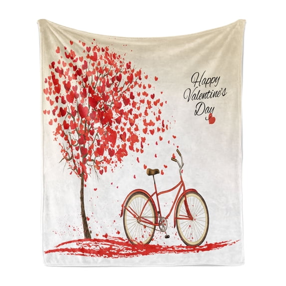 Valentines Day Soft Flannel Fleece Blanket, Romantic Tree with Blooming Hearts with Bike and Petals Vintage Artwork, Cozy Plush for Indoor and Outdoor Use, 50" x 70", Cream Vermilion, by Ambesonne