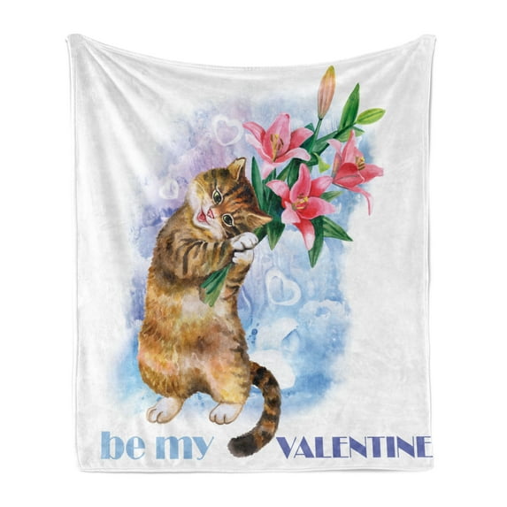 Valentines Day Soft Flannel Fleece Throw Blanket, Be My Valentine Little Baby Kitten with Garden Flowers Print, Cozy Plush for Indoor and Outdoor Use, 50" x 60", Multicolor, by Ambesonne