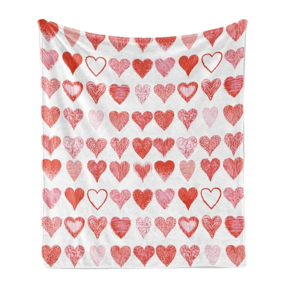 Valentines Day Soft Flannel Fleece Throw Blanket, Heart of Love and Romance Hand Drawn Style Romantic Art, Cozy Plush for Indoor and Outdoor Use, 50" x 60", Vermilion Pink White, by Ambesonne