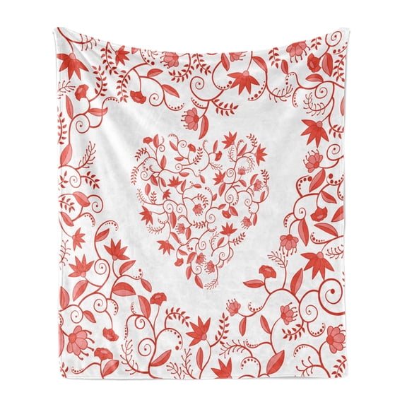 Valentines Day Soft Flannel Fleece Throw Blanket, Paisley Floral Details with Leaves and Roses in a Shape of Heart Frame Image, Cozy Plush for Indoor and Outdoor Use, 70" x 90", Red, by Ambesonne