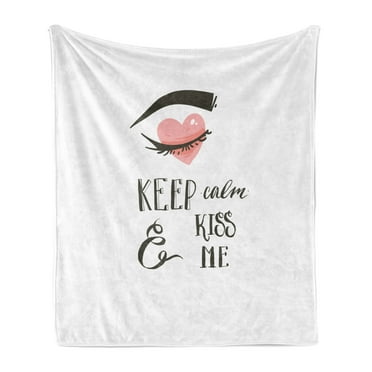 Valentines Day Soft Flannel Fleece Throw Blanket, Pop Culture Keep Calm Words with Heart Shaped Eye Love Theme, Cozy Plush for Indoor and Outdoor Use, 70" x 90", Charcoal Grey Pale Pink, by Ambesonne
