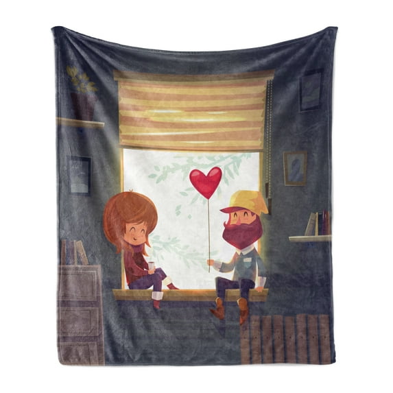 Valentines Day Soft Flannel Fleece Throw Blanket, Valentines Romantic Couple at Home Smile and Baloon Art Print, Cozy Plush for Indoor and Outdoor Use, 50" x 60", Multicolor, by Ambesonne