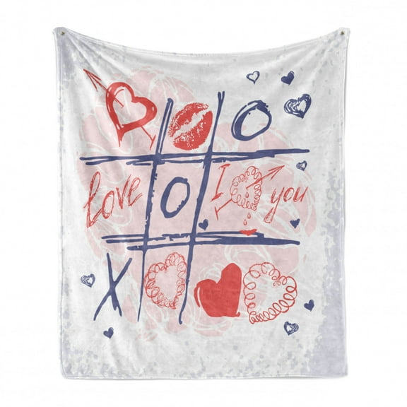 Valentines Day Soft Flannel Fleece Throw Blanket, Xoxo Game with Lips Sketchy Circles Hearts Romantic Love Theme, Cozy Plush for Indoor and Outdoor Use, 50" x 70", Blue Red and White, by Ambesonne