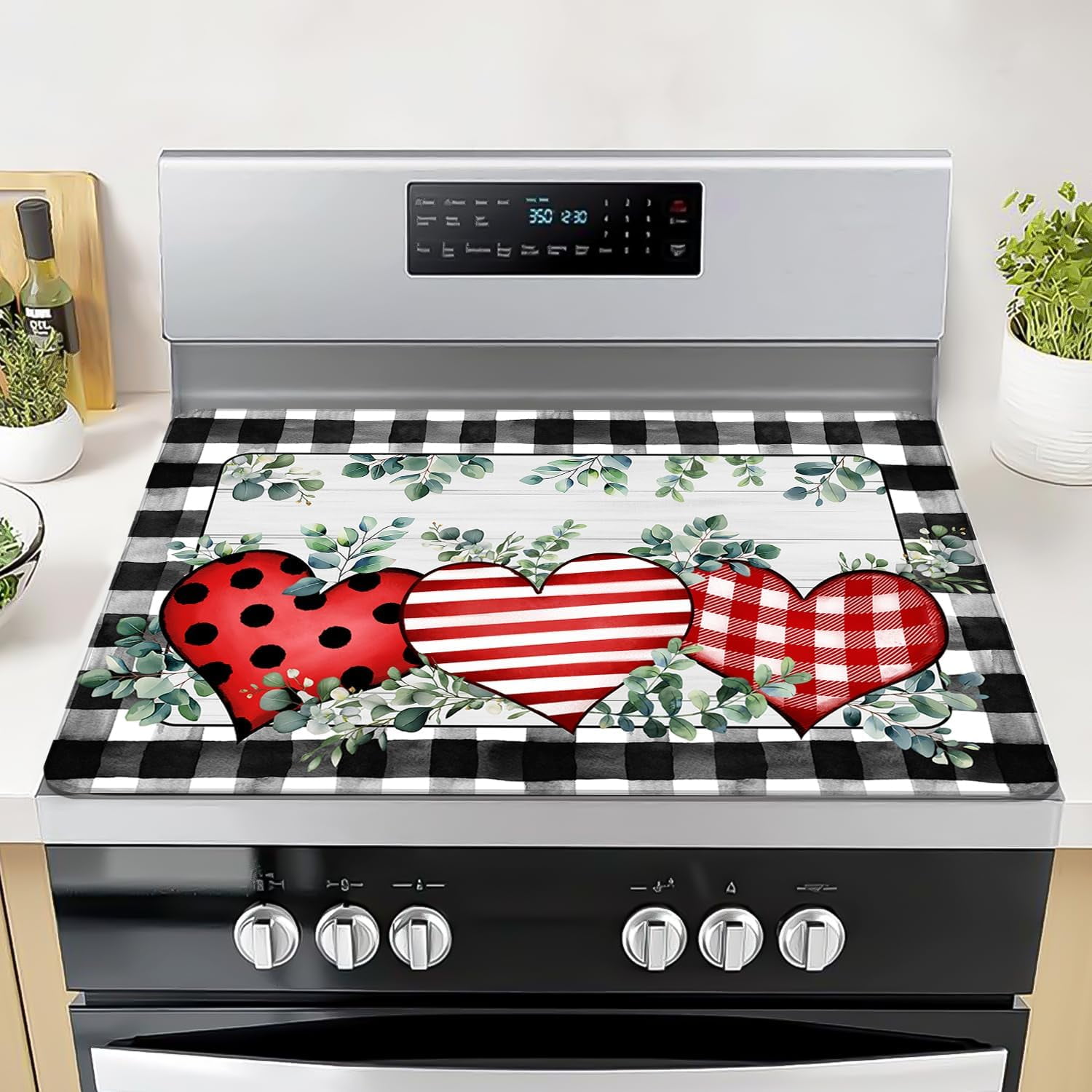 Valentines Day Stove Top Cover Love Heart Gas Stove Top Cover for Home Decoration Kitchen Pad Eucalyptus Leaves Non-Stick Washable Cooktop Covers Countertop Protector Keep Stove Clean Black