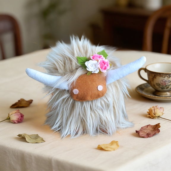 Valentines Day Stuffed Animal, Highland Cow Plush Toys, Romantic Long Hair Cow with Floral Accents for Tabletop Shelf and Home Display Gift Soft Fluffy Plush Holiday Decorative Ornament