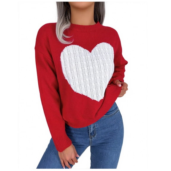 Valentines Day Sweater for Women Long Sleeve Cute Heart Sweaters Crew Neck Casual Ribbed Knit Pullover Top Wine, M