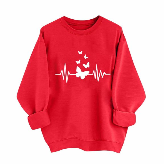 Valentines Day Sweaters for Women Plus Size Cute Butterfly Love Hearts Print Sweatshirts Long Sleeve Crewneck Loose Fit Tops