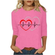 JSGEK Valentines Day Sweatshirt Love Heart Printed Shirts for Women Round Neck Couple Gifts Womens 3/4 Sleeve Pink Tops Plus Size Graphic Tees I Love My Girlfriend T Shirt Holiday
