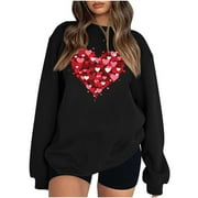 CHARELLA Valentines Day Sweatshirt Women Casual Round Neck Oversized Fall Shirts Love Heart Long Sleeve Pullover Tops (Black S)