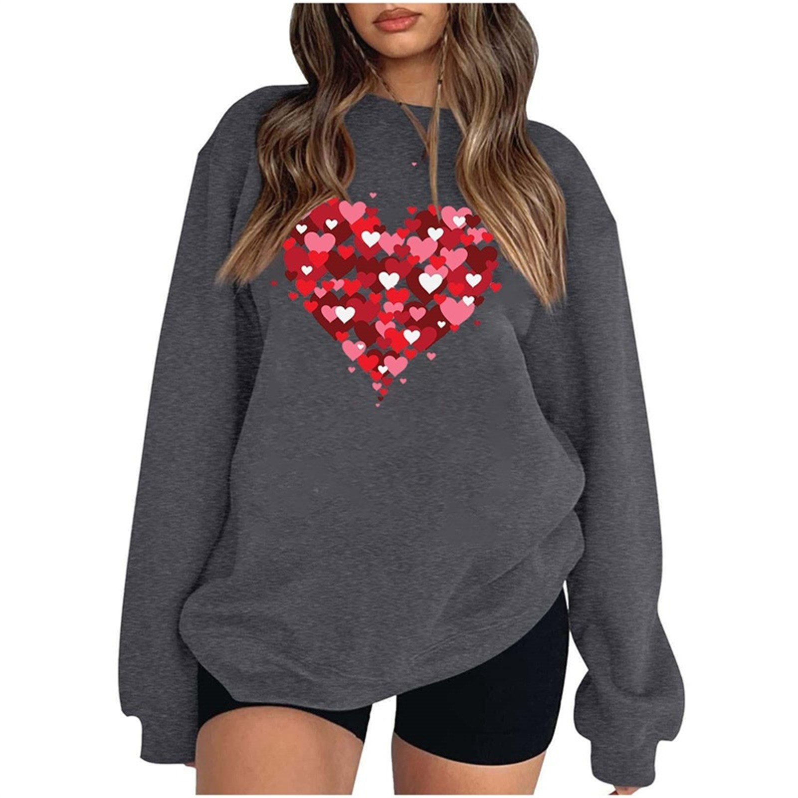 Women's Black Oversized Round Neck Sweatshirt with Kiss Marks