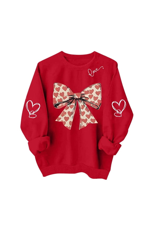 Valentines Day Sweatshirt for Women Valentine Cute Love Heart Graphic Shirts Casual Pink Bow Print Pullover Tops