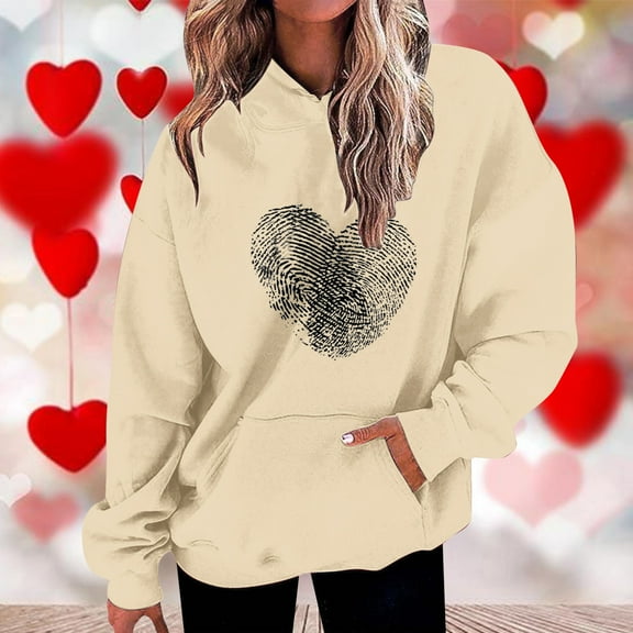 Valentines Day Sweatshirts For Women Plus Size Trendy Love Heart Graphic Printing Pullover Long Sleeve Drawstring Pockets Loose Fit Hoodie Sweatshirts Beige S