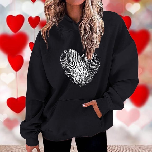 Valentines Day Sweatshirts For Women Plus Size Trendy Love Heart Graphic Printing Pullover Long Sleeve Drawstring Pockets Loose Fit Hoodie Sweatshirts Black XXL
