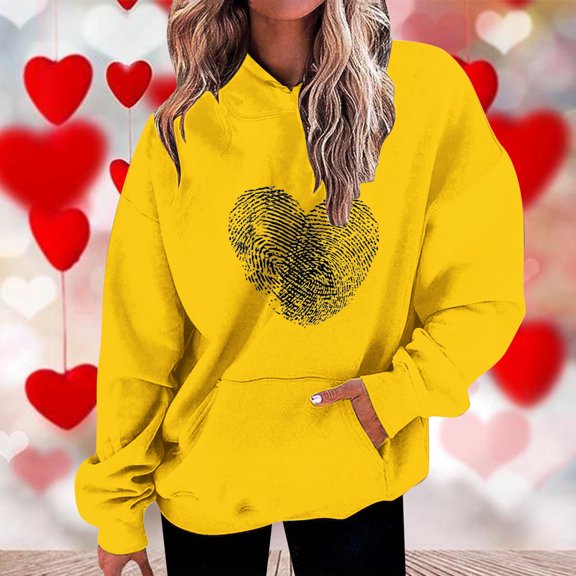 Valentines Day Sweatshirts For Women Plus Size Trendy Love Heart Graphic Printing Pullover Long Sleeve Drawstring Pockets Loose Fit Hoodie Sweatshirts Yellow XXL