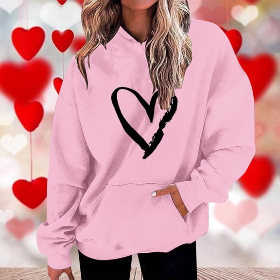 Valentines Day Sweatshirts For Women Trends Casual Valentines Love Heart Graphic Printing Tops Loose Long Sleeve Oversized Tops Hoodie Sweatshirts Pink S