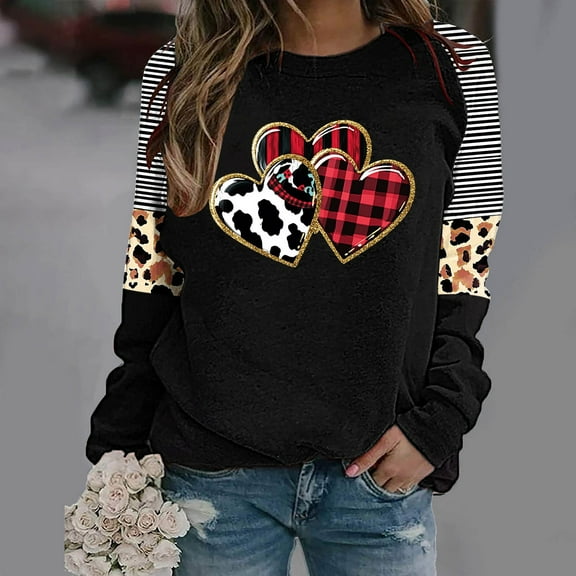 Valentines Day Sweatshirts, Heart Print Sweatshirt for Women, Crew Neck Long Sleeve Sweatshirts Women Valentine's Day Love Printed Raglan Long Sleeved Sweatshirt