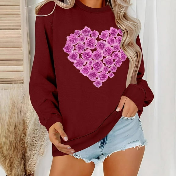 Valentines Day Sweatshirts, Heart Print Sweatshirt Women, Womens Long Sleeve Round Neck Sweatshirts Lover's Love Print Hoodie Long Sleeved Top Hoodie Crew Neck Top Shirt