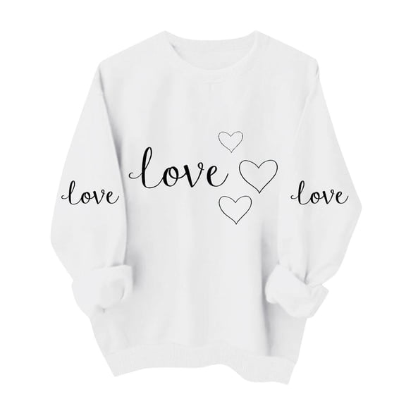 Valentines Day Sweatshirts Women Cute Heart Valentine Funny Sweater Tops Casual Long Sleeve Shirts Pullover, L White