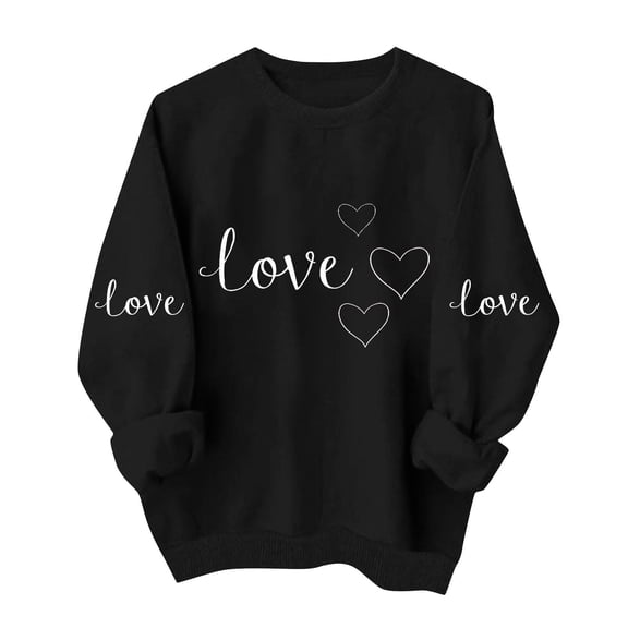 Valentines Day Sweatshirts Women Cute Heart Valentine Funny Sweater Tops Casual Long Sleeve Shirts Pullover, M Black